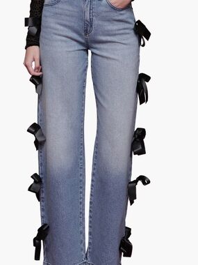 Avec Les Filles Light Blue Wide-Leg Jeans with Black Side Bows